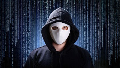 anonymous man, hacker wearing mask over dark background, streaming binary code in background