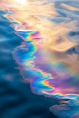 Fototapeta premium Vivid hues swirl together as an oil slick spreads across the water surface, reflecting light and creating a striking pattern. This industrial spill highlights environmental concerns in the area.