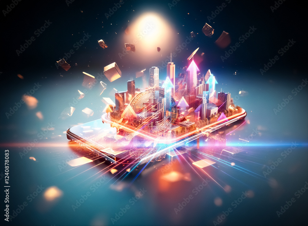 Poster a golden bitcoin explodes amidst a shower of fragmented gold, illuminated by a dramatic spotlight. t