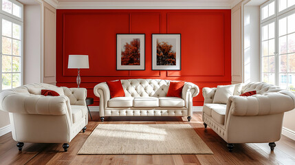 Elegant Chesterfield Sofa Red Wall Living Room, Beige Home Decor with Classic Style.