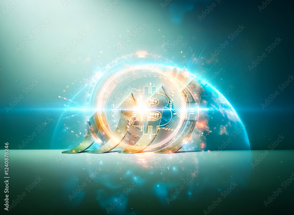 Poster a glowing bitcoin symbol explodes from a futuristic, fiery earth, symbolizing global cryptocurrency 
