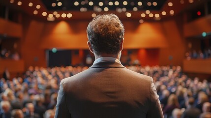Fototapeta premium Speaker in Focus Addressing a Large Audience in a Conference Hall