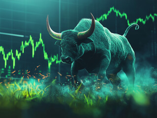 A digital bull composed of glowing green particles charges forward with stock market graphs and financial indicators in the background, representing strong economic trends.