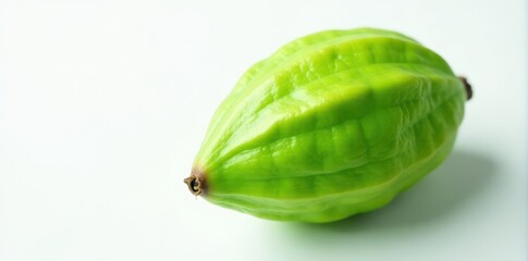 Single vibrant green cocoa leaf, crisp detail, white background, eco, tropical plant