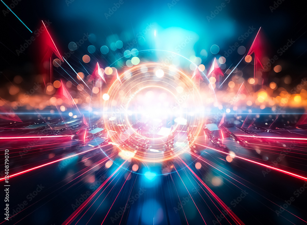 Poster Abstract image of shimmering, metallic tiles reflecting vibrant blue and orange lights.  Bokeh effect creates a dreamy, futuristic atmosphere.