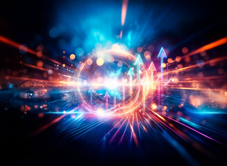 Fototapeta premium A mesmerizing abstract image of glowing particles, creating a wave-like texture with blue and orange hues against a dark background. The lights shimmer and create a sense of depth and movement.