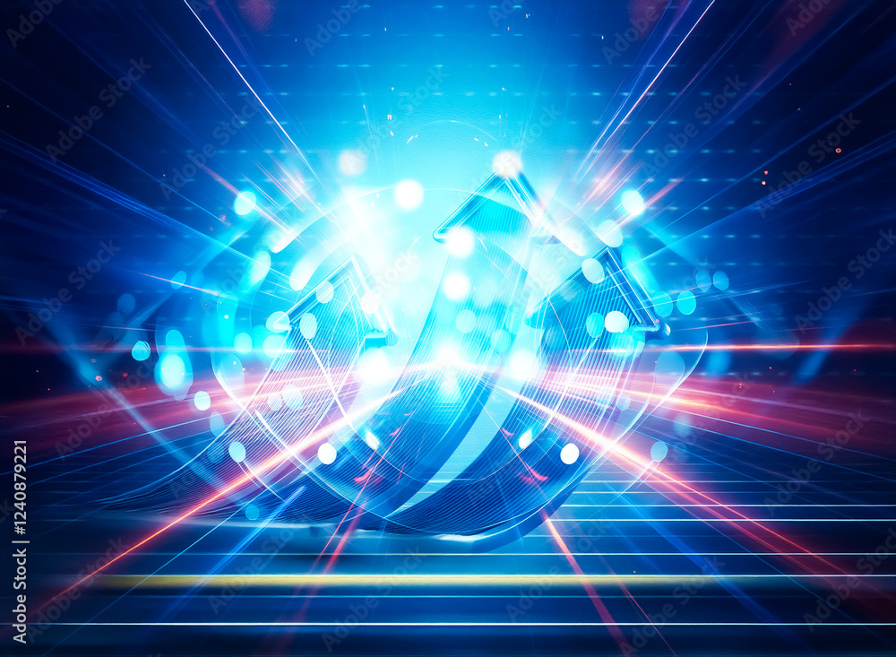 Poster abstract blue eye-like form with glowing lights and wavy lines, creating a mesmerizing, digital art 
