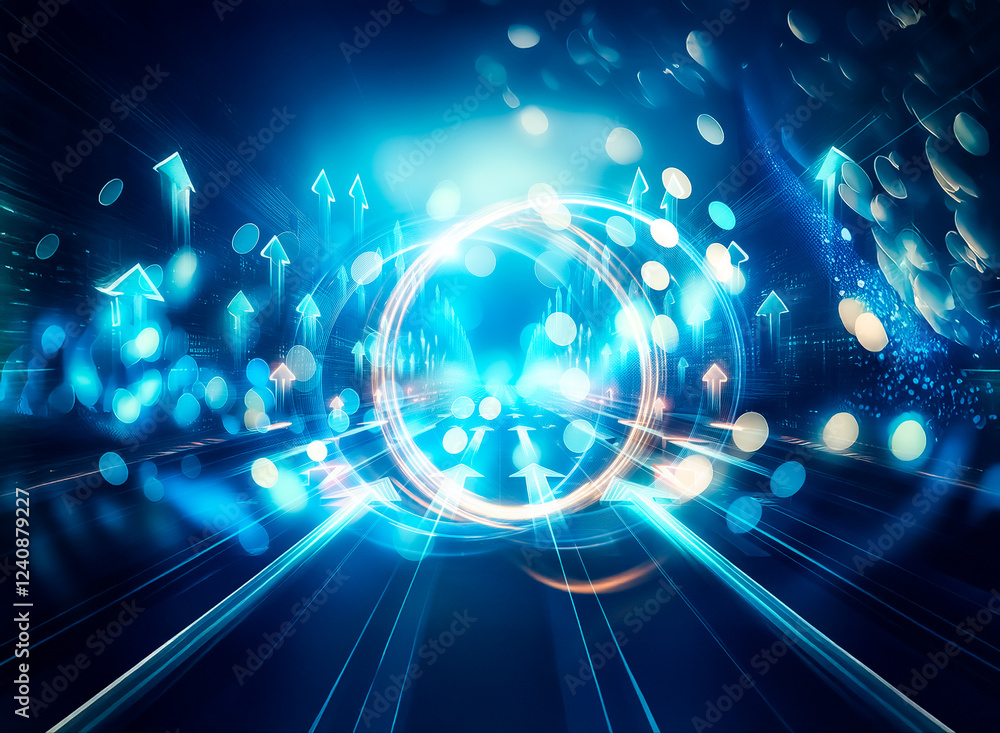 Poster abstract blue bokeh background with swirling light effects and luminous particles. a dark, moody atm