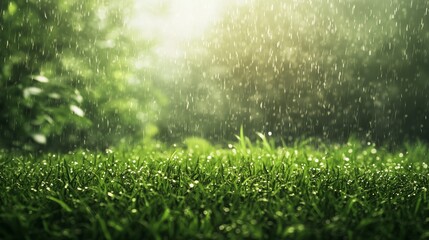 Naklejka premium Gentle spring rain falls over lush green grass, creating a fresh and peaceful atmosphere.