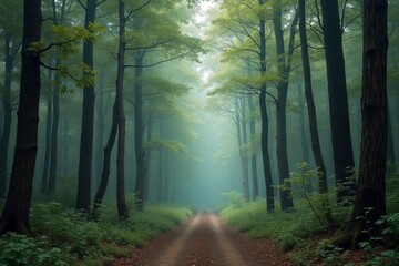 Obraz premium Mysterious foggy forest path surrounded by tall trees, evoking tranquility, solitude, and the beauty of untouched wilderness
