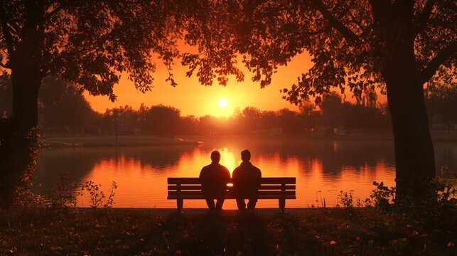 Two friends share a quiet moment on a park bench, watching the sun set over the calm waters of a lake
