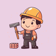 Friendly construction worker wearing a yellow hard hat and holding a hammer vector illustration 