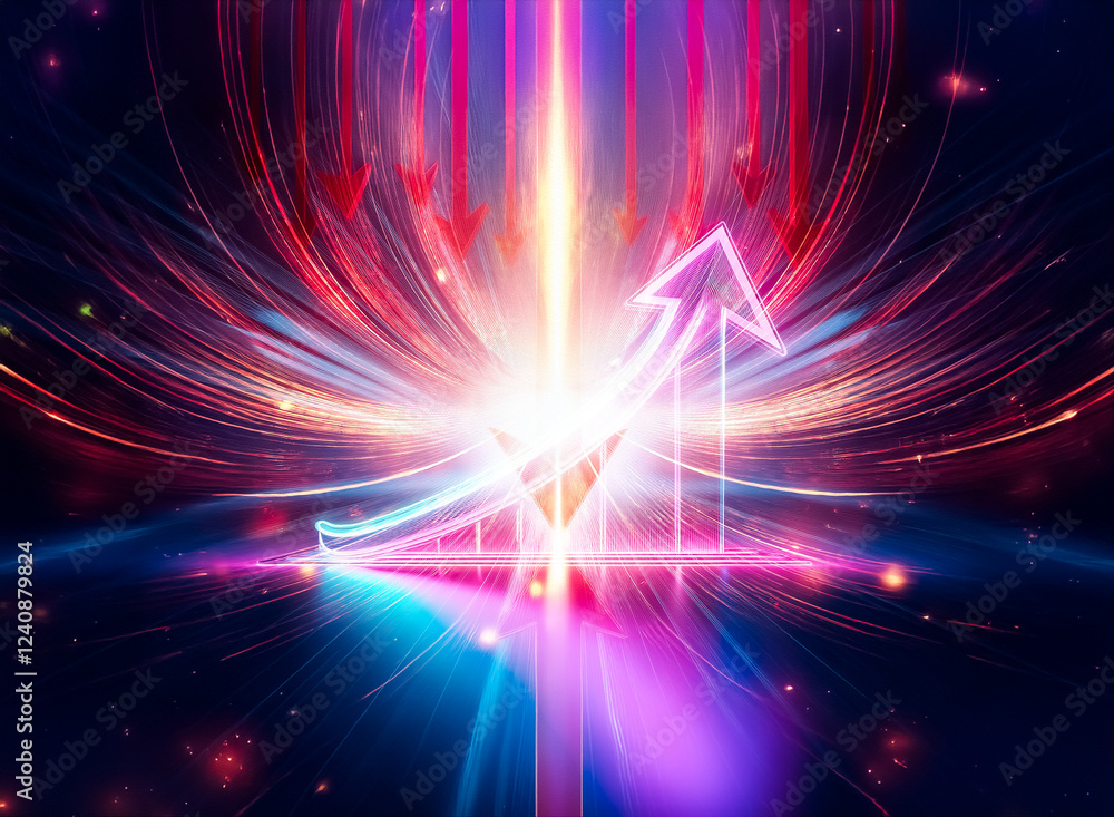 Aufkleber a vibrant neon arrow ascends, symbolizing growth and progress against a dark background. its reflect