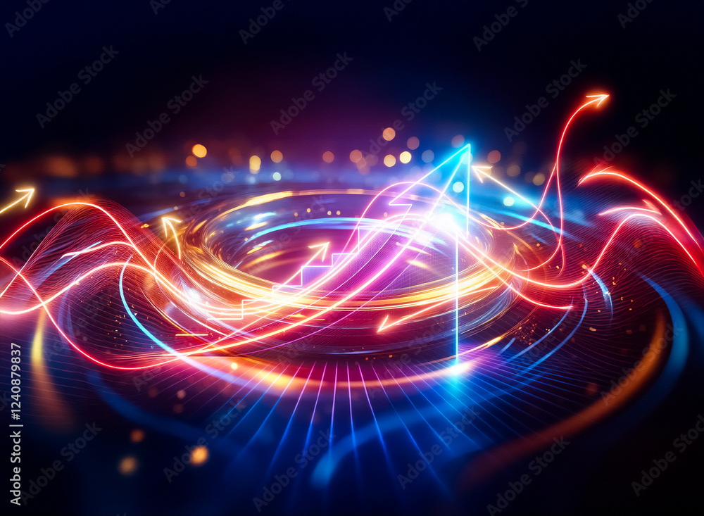 Poster neon arrow ascending a staircase, symbolizing growth and progress against a dark background. the vib