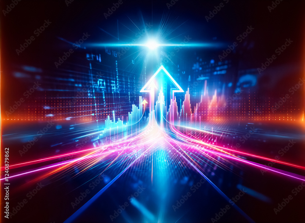 Poster glowing neon arrow points upward, signifying growth and progress. two vibrant trails converge, symbo