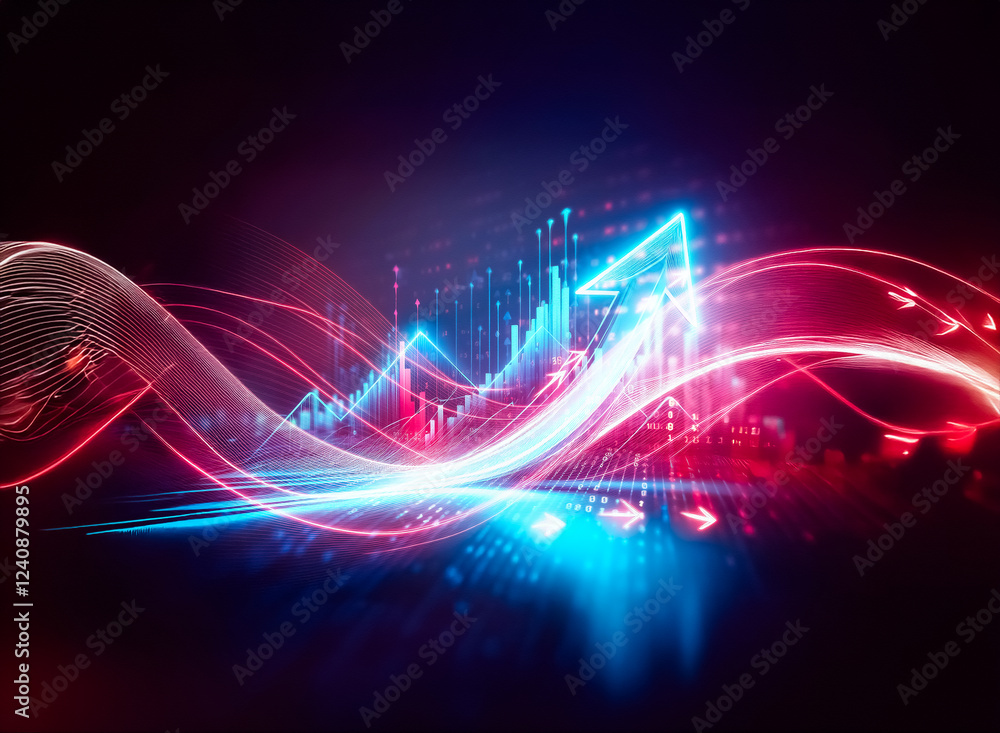 Poster glowing blue arrow ascends over a data graph, symbolizing growth and progress in a dark, reflective 