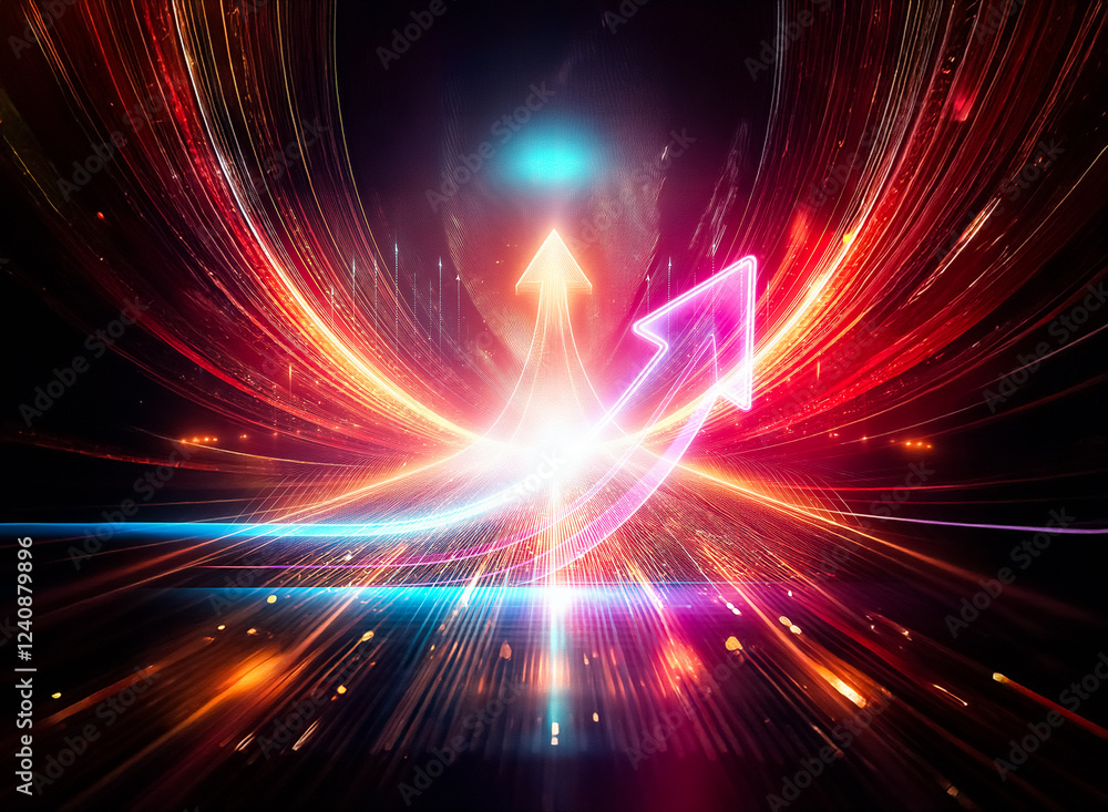 Poster glowing neon arrow ascends in a dark space, symbolizing growth and progress. its vibrant pink and bl