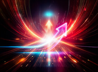 Glowing neon arrow ascends in a dark space, symbolizing growth and progress.  Its vibrant pink and blue hues create a dynamic visual.