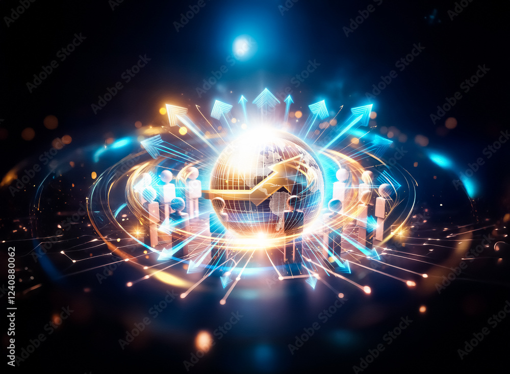 Poster A glowing earth encircled by wooden figures, interconnected by lines of light, symbolizes global connection and networking in a dark, futuristic setting.