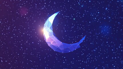A blue starry background represents technology and dreams with a bright, geometric crescent moon. A Ramadan Kareem background with a low-poly crescent moon design.