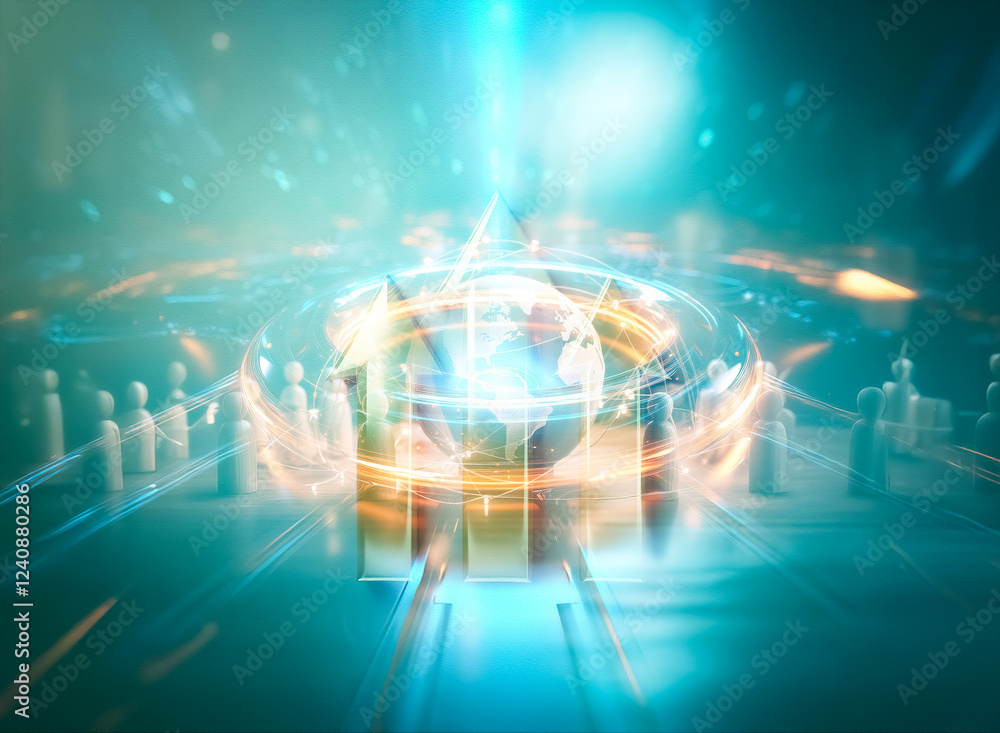 Poster Illuminated globe encircled by glowing network lines, surrounded by small wooden figures on a dark wooden surface, representing global connection and community.