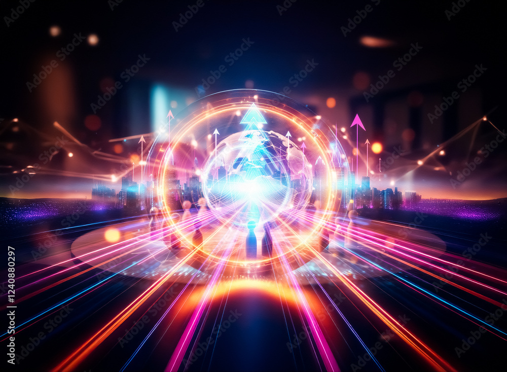 Poster Illuminated glass globe encircled by wooden figures, representing global connectivity and network.  Glowing lines symbolize interconnectedness.