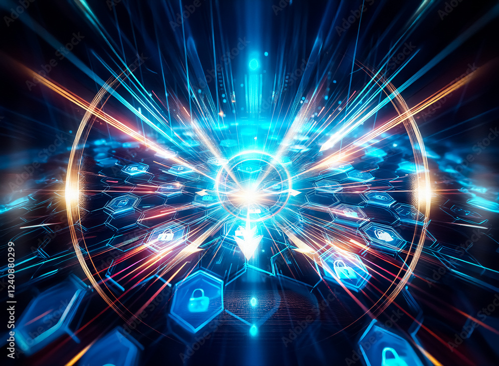 Leinwandbilder abstract digital security concept. glowing blue hexagons, each containing a padlock icon, form a pro