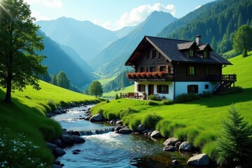 Obraz premium Classic Swiss chalet beside a mountain stream, lush green hills , countryside, photography, tranquil