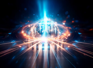 Global network, illuminated Earth encircled by interconnected figures symbolizing unity, collaboration, and worldwide communication.  A scene of global connectivity and togetherness.