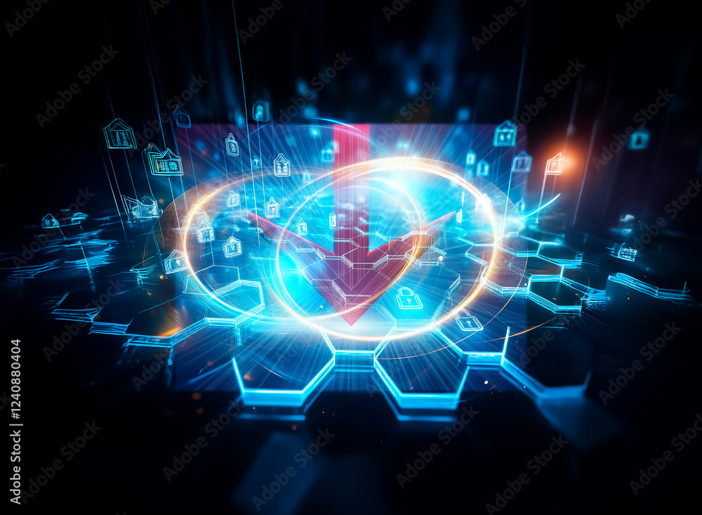 Aufkleber abstract digital landscape of glowing hexagons and floating home icons, representing a smart home ne