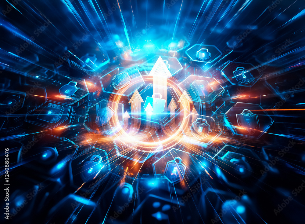 Aufkleber Abstract digital security concept.  Glowing blue hexagons form a network, each containing a padlock icon, representing data protection and cybersecurity.