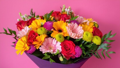 A bouquet of flowers on a pink background. Bouquet of multicolored flowers