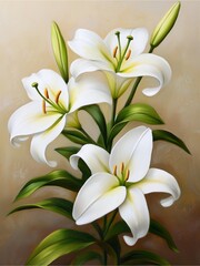 Obraz premium A beautiful painting of white lilies with green leaves, showcasing their elegance and delicate features against a soft beige background.