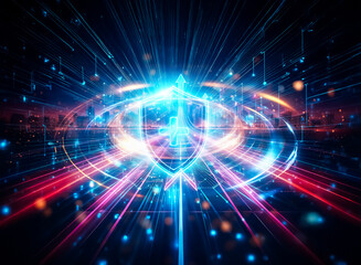 A glowing blue shield with a plus sign at its center, radiating light against a dark digital backdrop.  This symbolizes digital health protection and security.