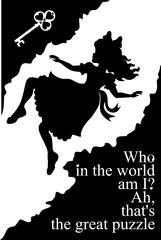Wonderland vector card.Alice falls down the rabbit hole. Vector illustration of wonderland. Black silhouettes isolated on a white background