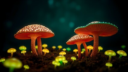 Magical Glowing Mushrooms in a Dark Forest &ndash; A Captivating 3D Render with a Surreal, Otherworldly Glow