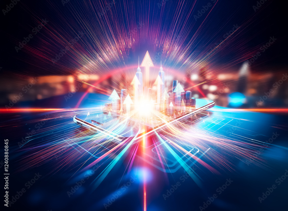 Poster a miniature cityscape sits on a smartphone, resting on a circuit board. the image depicts the mergin