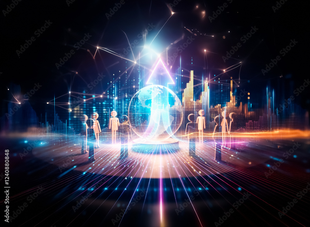 Aufkleber a glowing earth globe, encircled by small figures, sits on a platform amidst a network of connecting