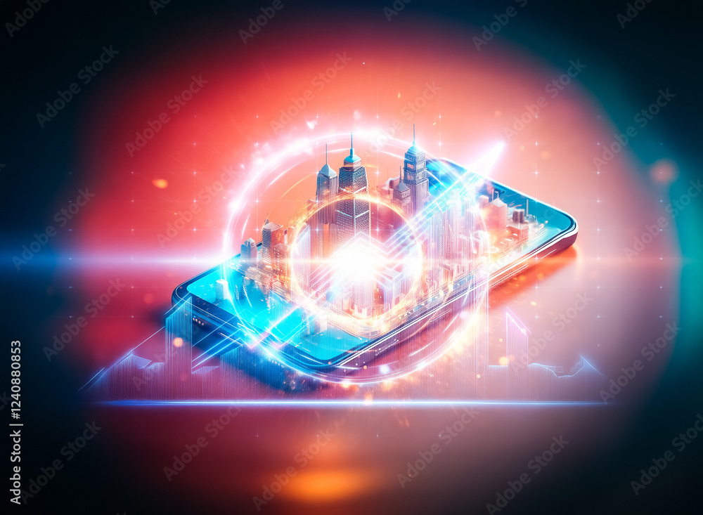 Poster A vibrant cityscape miniature sits atop a sleek smartphone, illuminated with warm and cool tones.  This digital rendering showcases the concept of mobile urban connectivity.