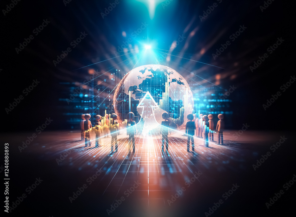 Aufkleber A glowing orb representing Earth is surrounded by small figures forming a circle, symbolizing global unity and connection.  Light beams radiate outwards, creating a dramatic, hopeful scene.