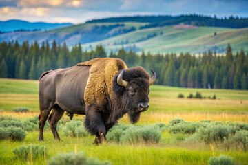 Bison Roaming Across a Grassy Plain