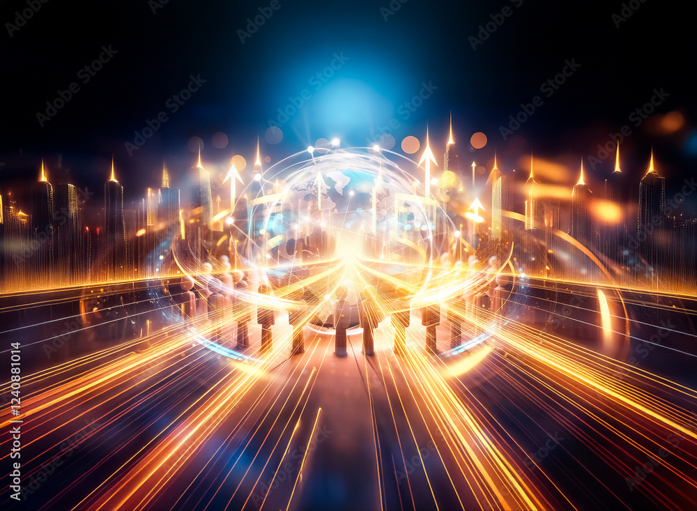 Aufkleber a glowing earth encircled by a network of connections, surrounded by a ring of small figures, repres