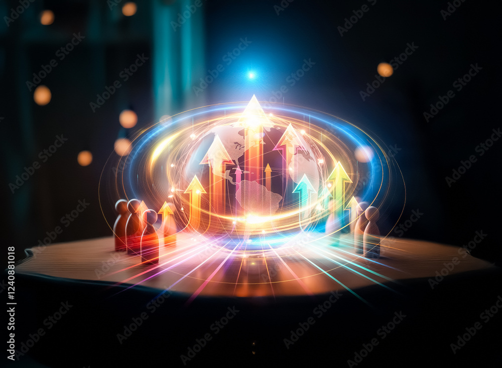 Poster illuminated globe encircled by glowing connections, surrounded by small wooden figures on a dark sur
