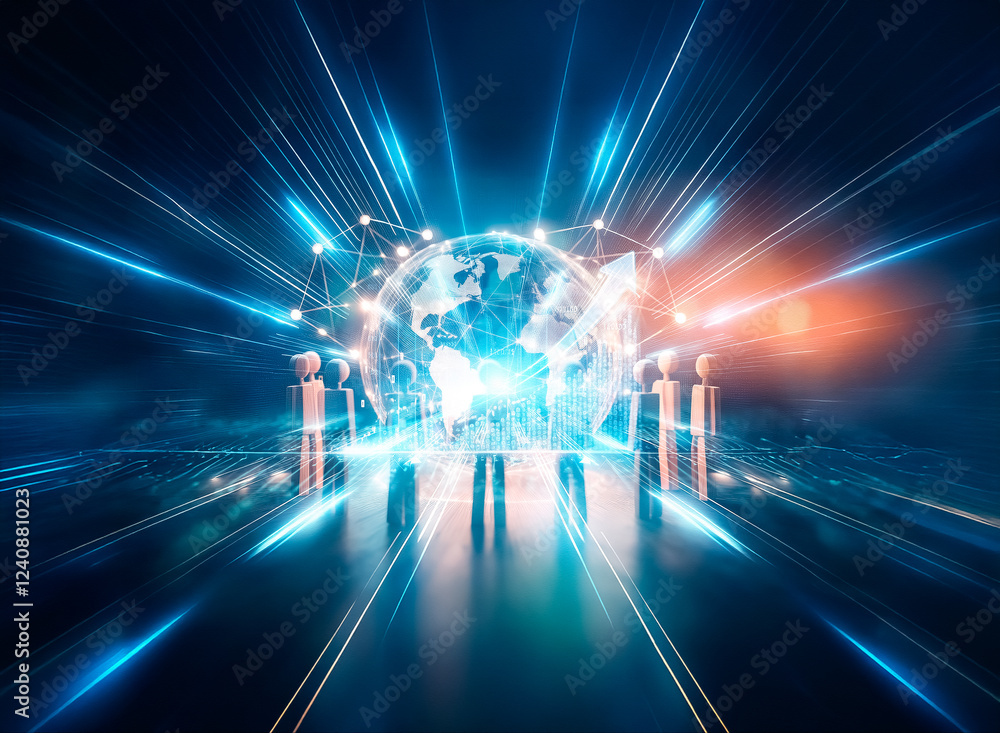 Poster glowing earth encircled by interconnected nodes, surrounded by a circle of wooden figures, symbolize