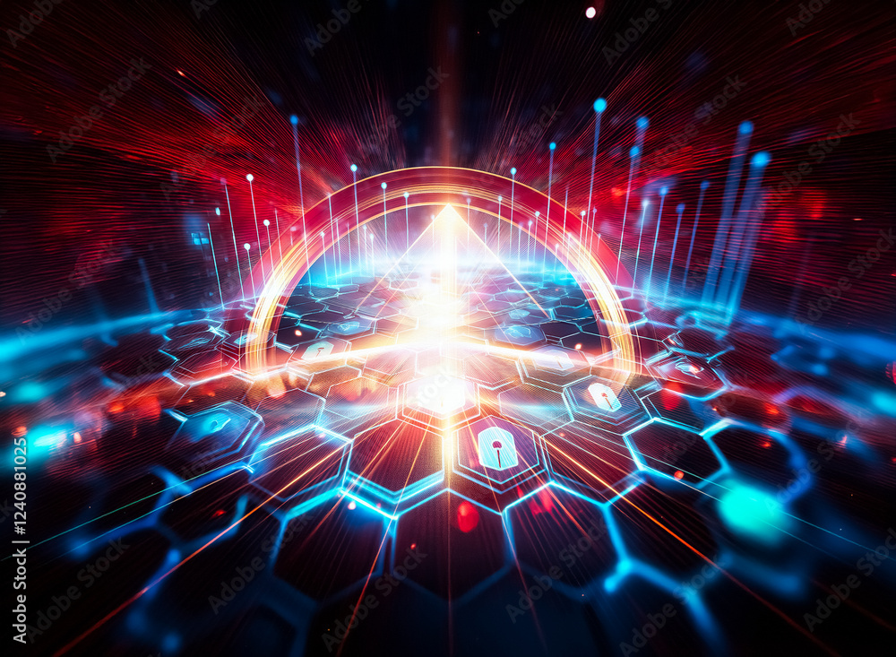 Aufkleber Abstract digital artwork depicting a futuristic, glowing hexagonal grid.  Blue light pulses, illustrating a network of secure data points.  Cybersecurity, technology, and protection are central themes