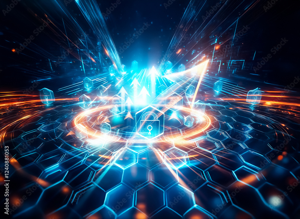 Poster glowing blue hexagons form a futuristic cityscape, each containing a digital padlock, symbolizing cy