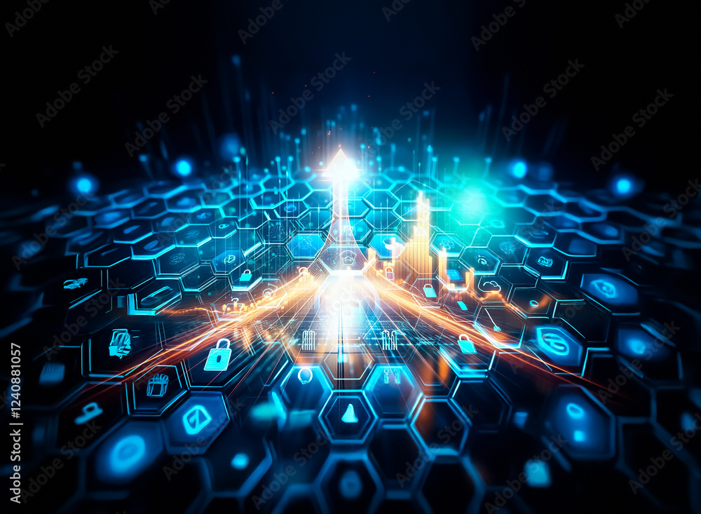 Aufkleber Abstract digital security concept.  Glowing blue hexagons form a network, showcasing various security icons.  Data protection and cybersecurity are visualized.