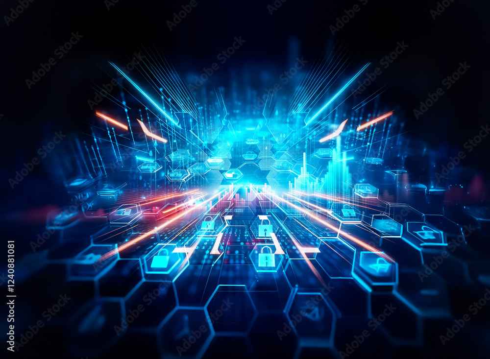 Poster abstract digital illustration of a futuristic cybersecurity network. hexagonal grid displays glowing