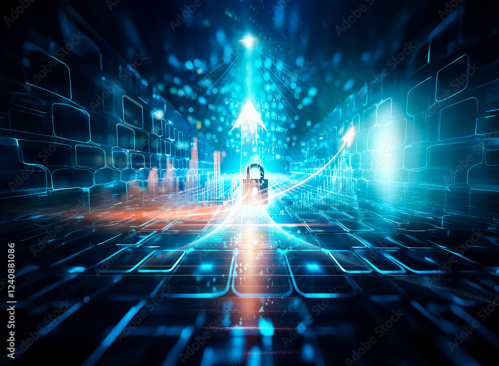 Fototapete A glowing padlock sits at the center of a digital tunnel, symbolizing data security and cyber protection within a complex network.  The deep blue hues and futuristic design emphasize the abstract natu