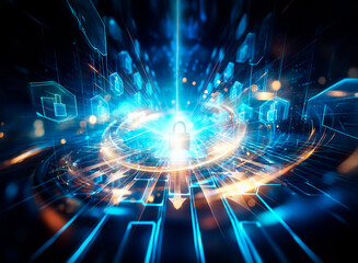 Fototapeta premium A glowing blue digital tunnel leads to a central padlock, symbolizing data security and digital protection within a network. Surrounding icons represent data points and information security.